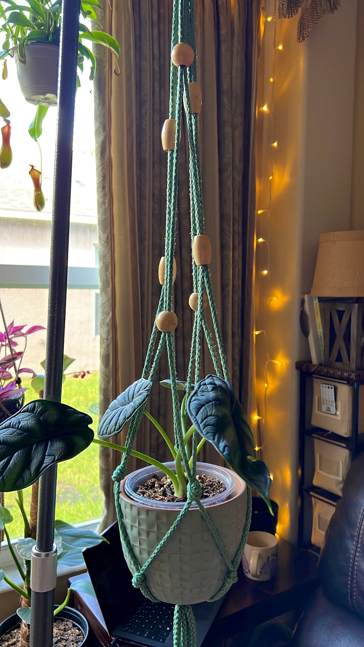 Sage, Natural Wooden Beaded Plant Hanger