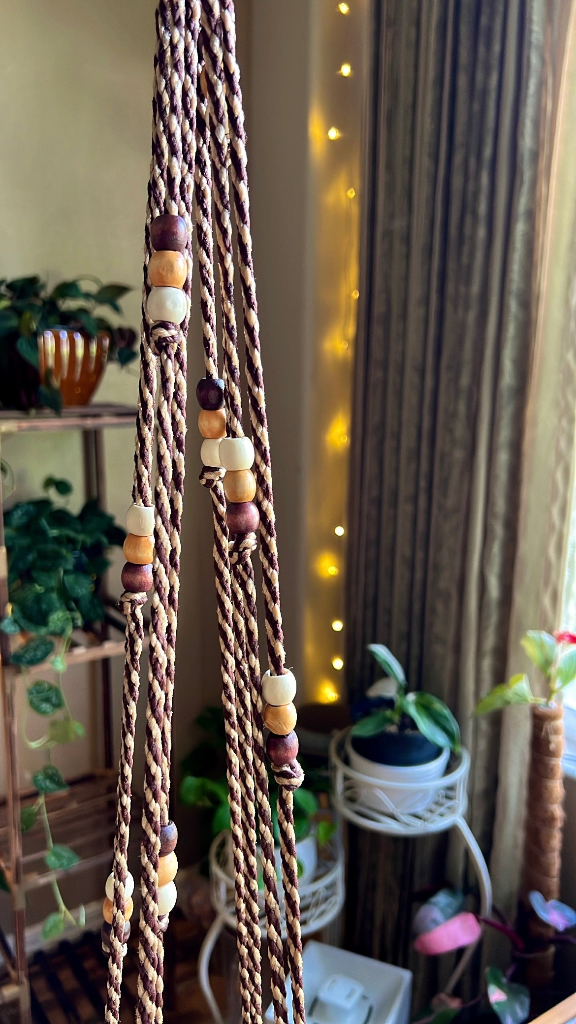 Multi Brown Wooden Beaded Plant Hanger