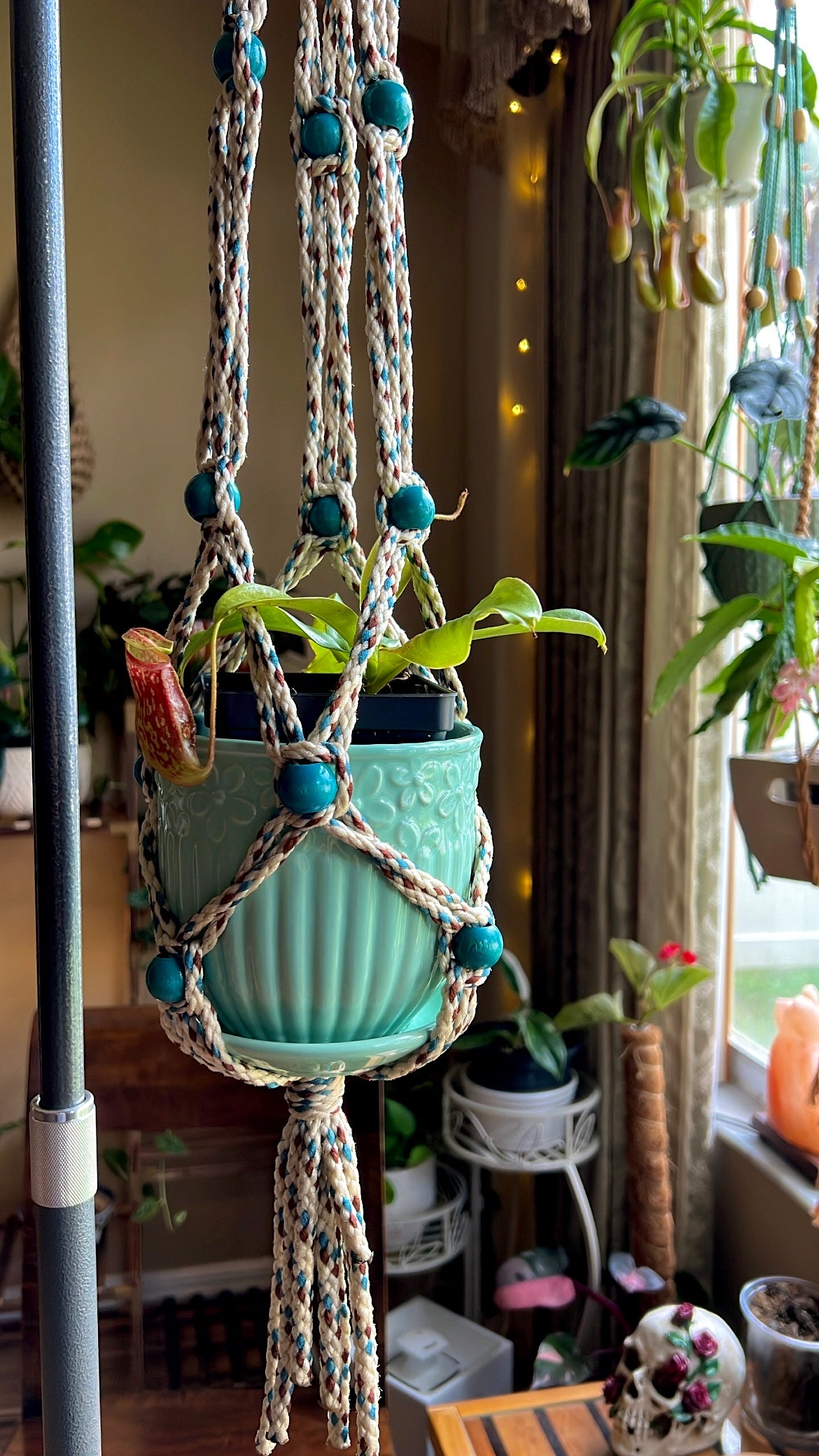 Turquoise Wooden Beaded Plant Hanger